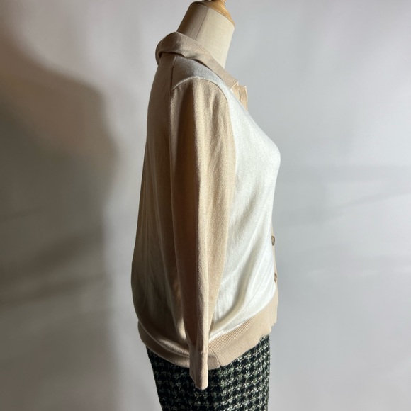 ANN TAYLOR Old Money Polo Cardigan Tan White 3/4 Sleeve Womens Small - Picture 4 of 8